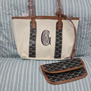 Elegant Cream and Black Tote Bag with Pouch